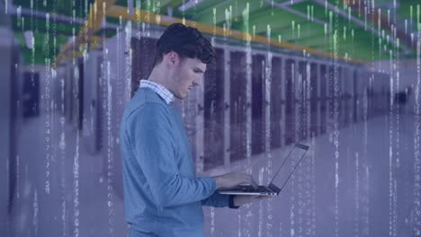 Animation-of-binary-coding-and-caucasian-businessman-using-tablet-over-server-room