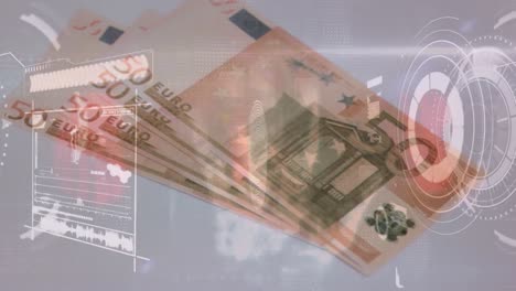 Animation-of-diverse-data-over-falling-euro-banknotes