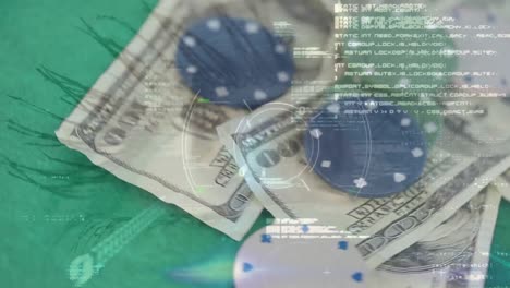 Animation-of-diverse-data-and-eye-over-rotating-dollar-banknotes-and-tokens