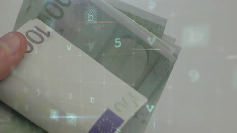 Animation-of-changing-numbers-and-virus-alert-over-hand-counting-euro-banknotes