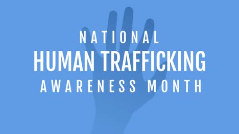 Animation-of-stop-human-trafficking-text-with-black-hand-on-blue-background