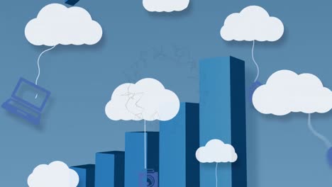 Animation-of-clouds-with-icons-over-graph-with-arrow