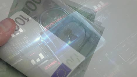 Animation-of-data-and-security-padlock-over-hand-counting-euro-banknotes