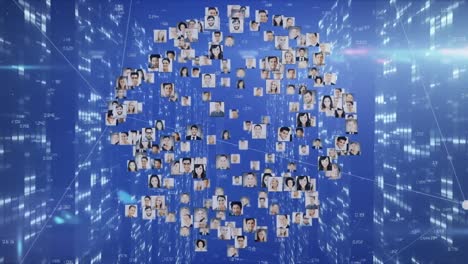 Animation-of-light-spots-and-people-icons-with-globe-on-blue-background