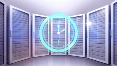 Animation-of-clock-moving-fast-over-computer-servers