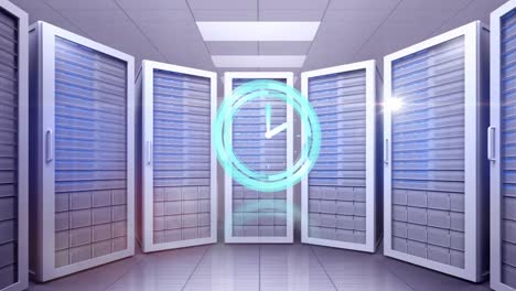 Animation-of-clock-moving-fast-over-computer-servers-in-tech-room