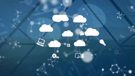 Animation-of-clouds-with-technology-icons-over-molecules-on-blue-background