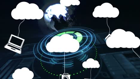 Animation-Von-Wolken-Mit-Symbolen-über-Dem-Globus