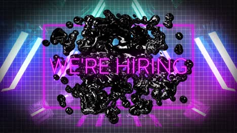 Animation-of-we-are-hiring-neon-text-over-black-stain-and-digital-tunnel
