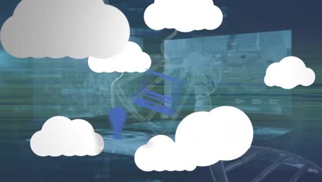 Animation-Von-Wolken-Mit-Mediensymbolen-Und-DNA-Strang-Auf-Blauem-Hintergrund