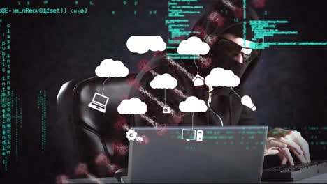 Animation-Von-Wolken-Mit-Symbolen-über-DNA-Strang,-Hacker-Mit-Laptop-Und-Datenverarbeitung