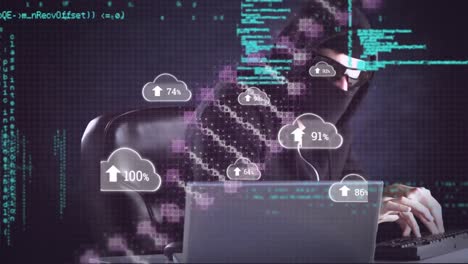 Animation-of-clouds-with-growing-number-over-dna-strand,-hacker-using-laptop-and-data-processing