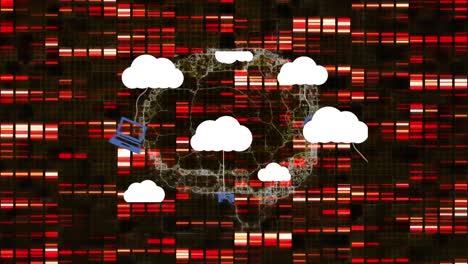 Animation-of-clouds-with-icons-over-moving-columns-and-digital-brain