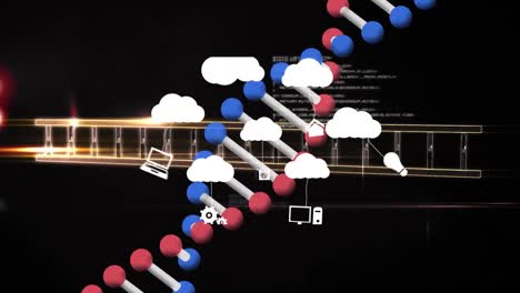 Animación-De-Nubes-Con-íconos-Sobre-Cadenas-De-ADN-Y-Procesamiento-De-Datos.