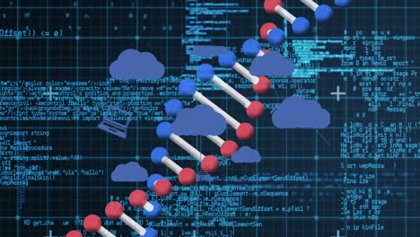 Animation-Von-Wolken-Mit-Symbolen-über-Datenverarbeitung-Und-DNA-Strang