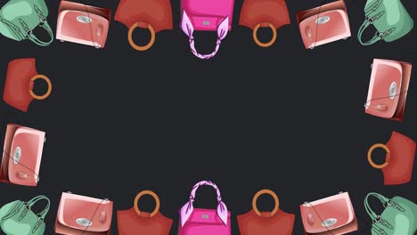 Animation-of-frame-of-colourful-handbags-with-central-copy-space-on-black-background