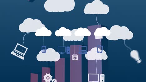 Animation-Von-Wolken-Mit-Technologiesymbolen-über-Diagrammen-Auf-Blauem-Hintergrund
