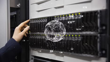 Animation-of-globe-and-numbers-over-caucasian-female-worker-inspecting-server-room