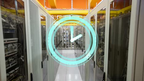 Animation-of-moving-clock-over-server-room