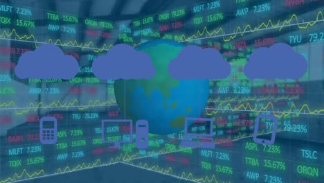 Animation-of-clouds-with-icons,-globe-and-stock-market-over-empty-office