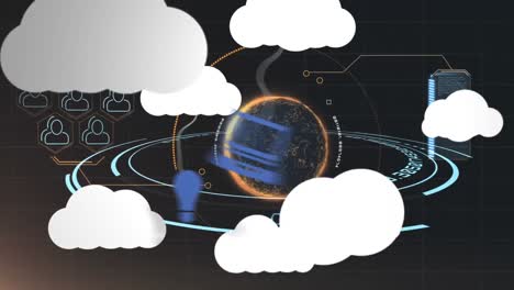 Animation-Von-Wolken-Mit-Symbolen-über-Dem-Globus-Und-Datenverarbeitung