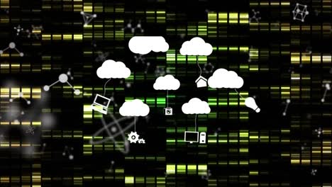 Animación-De-Nubes-Con-Iconos-Sobre-Columnas-Y-Moléculas-En-Movimiento