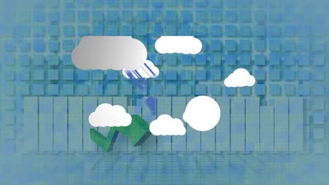 Animation-Von-Wolken-Mit-Technologiesymbolen-über-Pfeil-Und-Diagramm-Auf-Blauem-Hintergrund