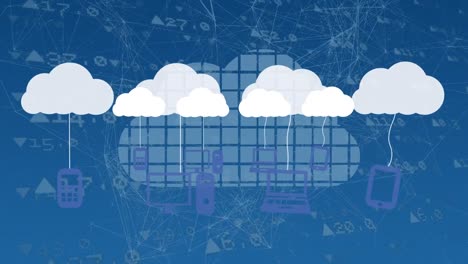 Animación-De-Nubes-Con-Iconos-De-Tecnología-Sobre-Gráficos-Y-Datos-Sobre-Fondo-Azul