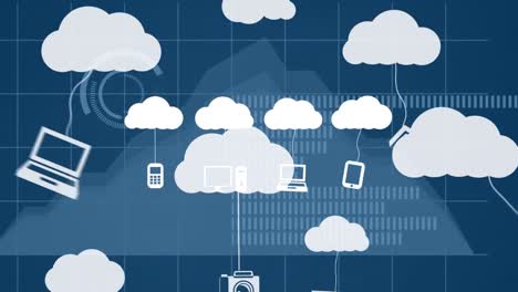 Animation-Von-Wolken-Mit-Technologiesymbolen-über-Diagrammen-Und-Daten-Auf-Blauem-Hintergrund
