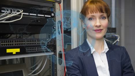 Animation-of-globe-over-caucasian-woman-in-server-room