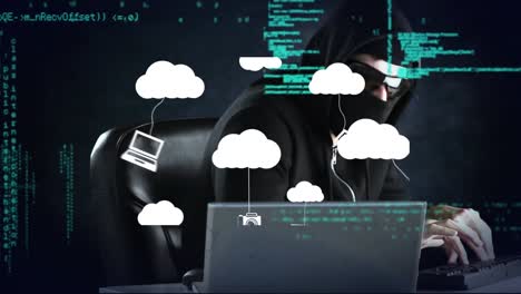 Animation-Von-Wolken-Mit-Symbolen-über-Hacker-Mit-Laptop-Und-Datenverarbeitung