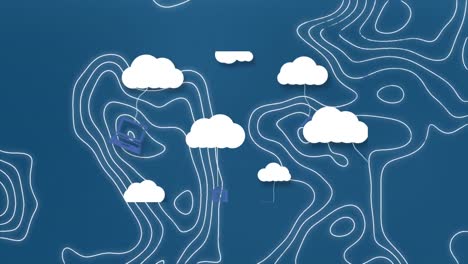 Animation-Von-Wolken-Mit-Technologiesymbolen-über-Diagrammen-Und-Isohypsen-Auf-Blauem-Hintergrund