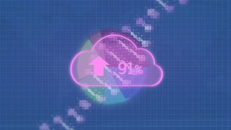 Animation-Einer-Wolke-Mit-Zahl-über-Der-DNA-Kette-Und-Diagrammen-Auf-Blauem-Hintergrund