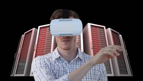 Animation-of-clock-moving-fast-over-businessman-wearing-vr-headset-by-computer-servers