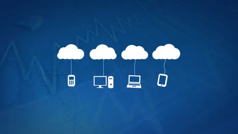 Animation-Von-Wolken-Mit-Technologiesymbolen-über-Diagrammen-Auf-Blauem-Hintergrund
