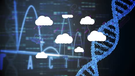 Animation-Von-Wolken-Mit-Symbolen-über-Beweglichen-Säulen,-Diagramm-Und-DNA-Strang