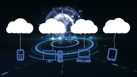 Animation-Von-Wolken-Mit-Symbolen-über-Dem-Globus