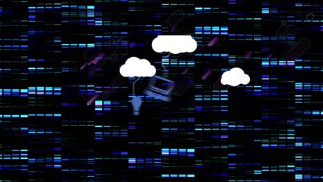 Animation-of-clouds-with-icons-over-moving-columns-and-purple-lines