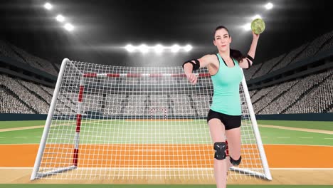 Animation-of-caucasian-female-handball-player-throwing-ball-over-sports-stadium