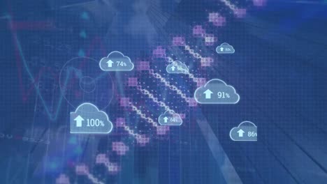 Animation-of-clouds-with-numbers-and-dna-chains-over-graphs-and-data-on-blue-background