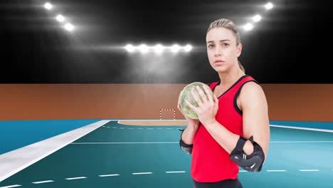 Animation-Einer-Kaukasischen-Handballspielerin,-Die-Den-Ball-über-Dem-Sportstadion-Hält