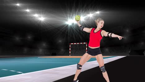 Animation-Einer-Kaukasischen-Handballspielerin,-Die-Einen-Ball-über-Ein-Sportstadion-Wirft