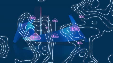 Animation-of-clouds-with-numbers-over-arrow-and-isohypses-on-blue-background