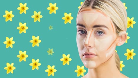 Animation-of-falling-yellow-flowers-over-woman-with-makeup