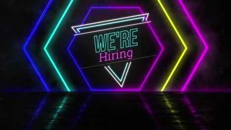 Animation-of-we-are-hiring-text-over-neon-shapes
