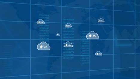 Animation-of-clouds-with-numbers-over-world-map-and-data-on-blue-background