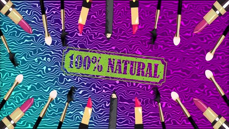 Animation-of-100-percent-natural-text-with-lipstick-and-makeup-over-blue-and-purple-background