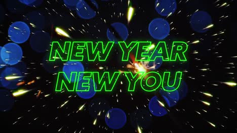 Animation-of-happy-new-year-text-over-sparkler-with-yellow-and-blue-spots