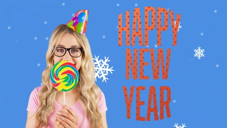 Animation-of-happy-new-year-text-in-orange-letters-over-happy-caucasian-woman-on-blue-background