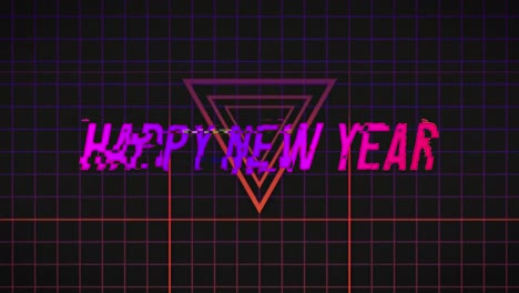 Animation-of-happy-new-year-text-over-triangle-and-squares